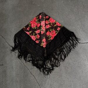 Vintage Black Rose Fringe Piano Shawl